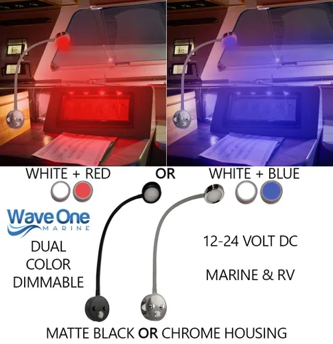 Miniatura 2 de Wave One Marine Luz de lectura LED de cuello de ganso de doble color Flexible atenuable para velero, cabina, pared, mapa, barco, yate, RV, Negro