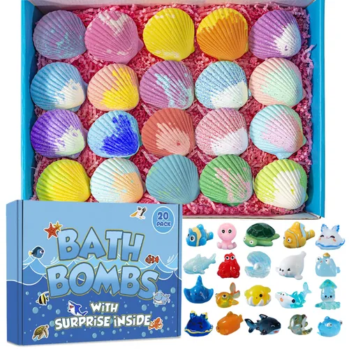 Bombas de baño para niños con animales marinos sorpresa en el interior, set de regalo de 20 bombas de baño con forma de concha para niños, bombas