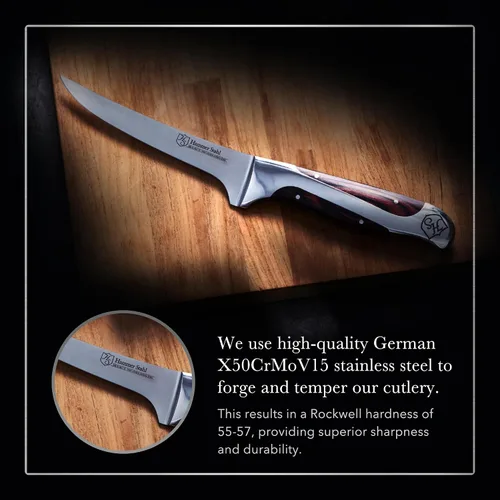 Miniatura 3 de Hammer Stahl Cuchillo de deshuesar de 6 pulgadas, acero alemán de alto carbono, hoja flexible curvada para deshuesar, filetear y recortar, mango