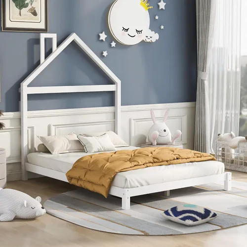 Miniatura 22 de Cama de plataforma de madera de tamaño individual con cabecero y cercas en forma de casa, sin tablillas, cama de piso para dormitorio de niños Verde