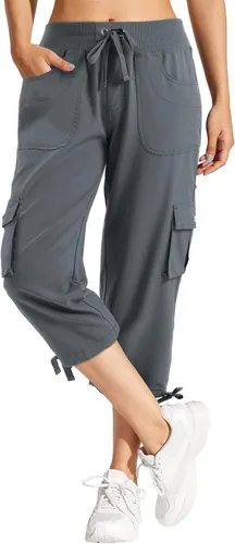 FARUNGS Pantalones capri tipo cargo para mujer, de secado rápido, ligeros, casuales, con cintura elástica, pantalones recortados con bolsillos