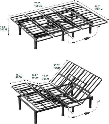 Miniatura 3 de SunsGrove Base de cama ajustable Queen, control remoto con cable, inclinación independiente de cabeza y pie, base de marco de cama eléctrica, patas