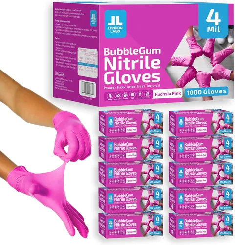London Labs 4 mil guantes de nitrilo rosa fucsia, desechables, sin látex y sin polvo, resistentes a productos químicos, guantes de goma rosa