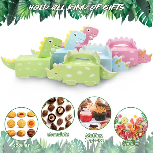 Miniatura 7 de DPKOW Paquete de 24 cajas de golosinas de dinosaurio, bolsas de dulces para recuerdos de fiesta, cajas de golosinas de dinosaurios en forma 3D