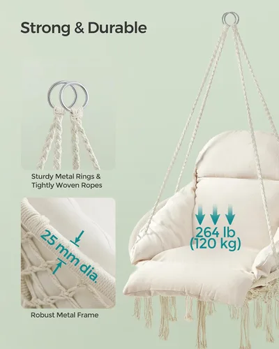 Miniatura 2 de SONGMICS UGDC042M01 - Silla colgante, hamaca con cojín grande y grueso, silla columpio bohemia para dormitorio, patio, balcón, jardín, soporta hasta