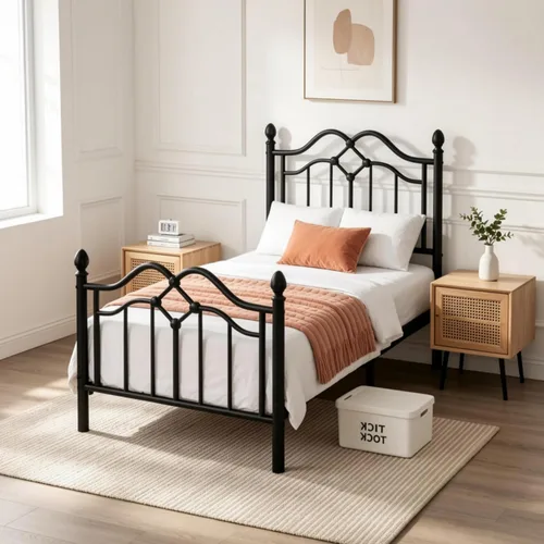 Miniatura 2 de LOEWAY Base de cama de metal tamaño individual con cabecero y estribo clásicos, marco de cama de plataforma para niños, soporte de listones de metal
