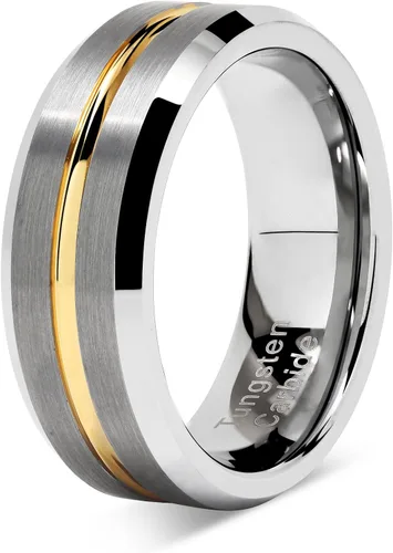 Miniatura 3 de 100S Jewelry Anillos de boda de tungsteno para hombres, de dos tonos plateados, con acabado mate ranurado dorado, talla 6 a 16