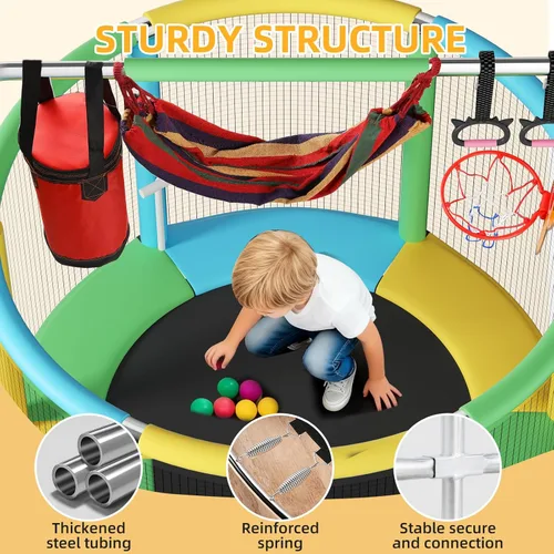 Miniatura 3 de Trampolín de 55 pulgadas para niños, de hasta 440 libras con fondo redondo antivuelco, trampolín para interiores y exteriores con recinto