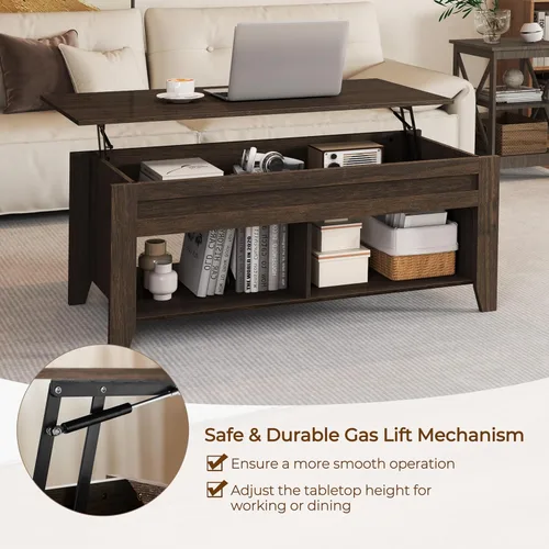 Miniatura 6 de Yaheetech Mesa de Centro con Tapa Elevable con Compartimento de Almacenamiento Oculto y 2 Estantes Abiertos, Tablero Elevable Mesa Central Emergente