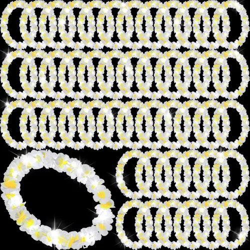 Miniatura 9 de Sherr 48 piezas Collares de leis hawaianas LED con luces LED, collares de flores de Luau para mascarada, playa, boda tropical, suministros