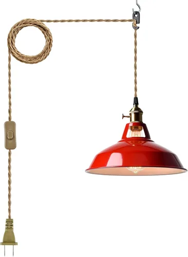 YUBOLE Lámpara colgante enchufable vintage roja con pantalla de granero colgante, cable colgante ajustable con interruptor de encendido y apagado,
