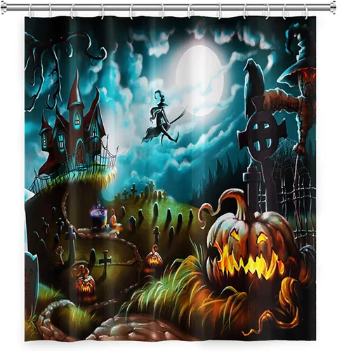 Miniatura 4 de Cortina de ducha de Halloween, cortinas de ducha de calabaza aterradora para baño, casa cazada de brujas, cortina de baño, cortina de baño