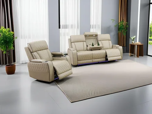 Juego de sofá reclinable eléctrico, seccional de cuero transpirable beige, juego de muebles de sala de estar, 2 piezas, sofá reclinable eléctrico y
