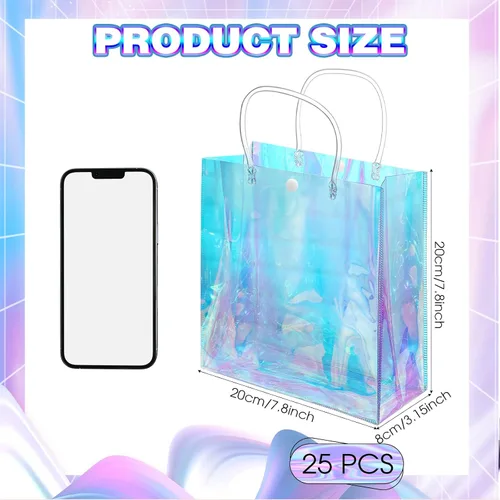 Miniatura 2 de Sherr 25 bolsas de regalo pequeñas holográficas transparentes iridiscentes reutilizables de plástico de PVC para compras, bodas, cumpleaños, baby