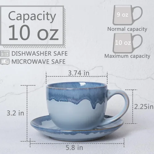 Miniatura 2 de Bosmarlin Juego de 2 Tazas de Capuchino de Cerámica con Platillo, 10 Oz, Tazas de Café para Café con Leche, Espresso, Té, Aptas para Lavavajillas