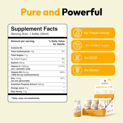Miniatura 6 de BEE and You - Suplemento de propóleos 100% natural de apoyo inmunológico, antioxidantes, vitamina C, VIT D3, zinc, jugo de naranja, miel cruda, 1.69