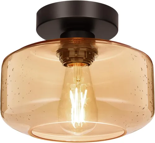 Miniatura 19 de Lámpara de techo industrial semiempotrada, bombilla LED de 800 lúmenes incluida, pantalla de vidrio texturizado, lámpara estilo granja para pasillo