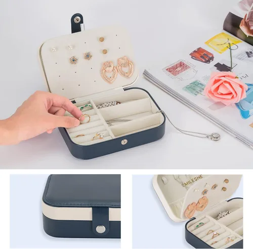 Miniatura 4 de Smileshe Joyero, estuche de viaje portátil pequeño de piel sintética, organizador de 2 capas, cajas de almacenamiento para anillos, aretes