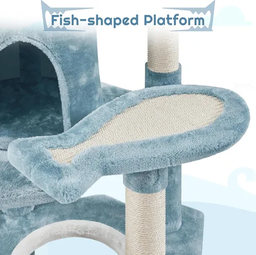 Miniatura 5 de Yaheetech Árbol para gatos con temática oceánica de 61 pulgadas de alto, torre para gatos de varios niveles con nido en forma de boca de tiburón