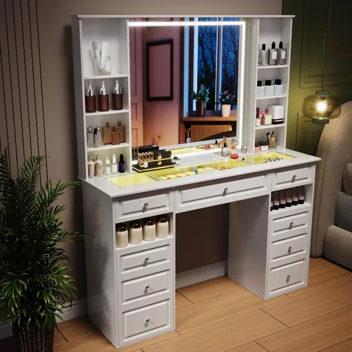 Miniatura 10 de Wildhome Escritorio de tocador de maquillaje con espejo y luces, mesa de tocador grande de 47 pulgadas con 9 cajones y 10 estantes de almacenamiento