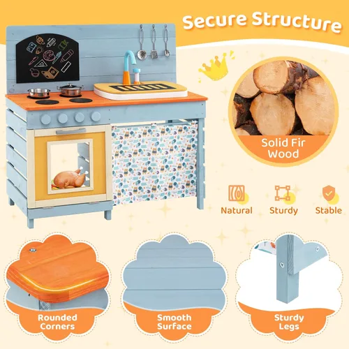 Miniatura 6 de HONEY JOY Cocina de barro, cocina de madera de cedro para niños pequeños, grifo real con agua corriente, fregadero, accesorios de cocina, pizarra