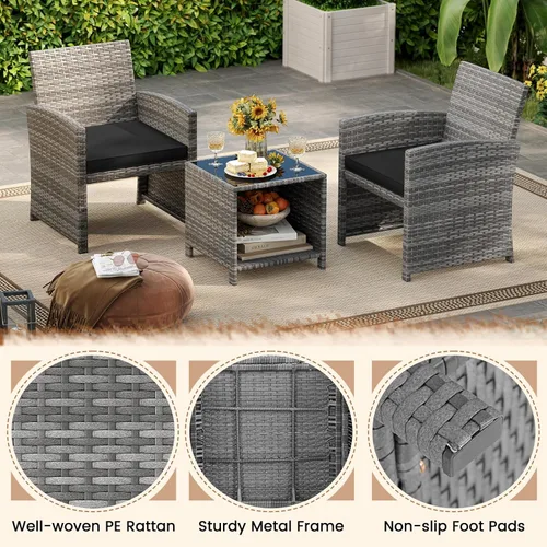 Miniatura 3 de KOTEK Juego de muebles de patio de 3 piezas, sillas de patio de mimbre para exteriores con cojines y mesa de almacenamiento, juego de bistró