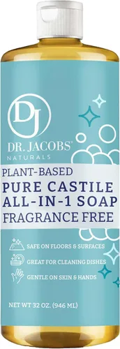 Dr. Jacobs Naturals Limpiador y jabón todo en uno de Castilla sin fragancia, fórmula a base de plantas para limpieza de pisos y electrodomésticos,
