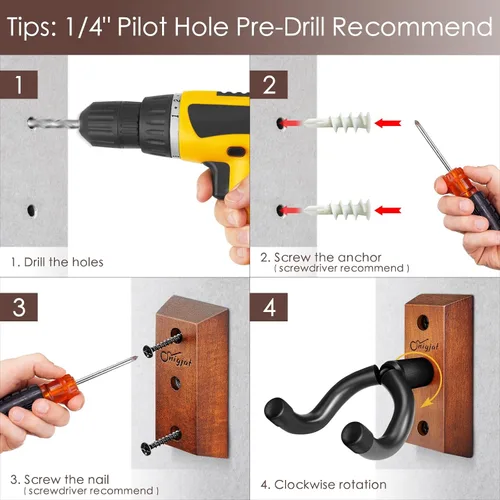 Miniatura 3 de SNIGJAT Soporte de Pared para Guitarra Paquete de 2, Gancho Colgador de Pared para Guitarra con Tornillos, Colgador de Montaje de Madera Dura