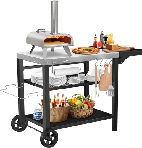 Miniatura 11 de Mesa de Horno de Pizza con Estación de Adiciones, Carro de Horno de Pizza al Aire Libre, Mesa de Parrilla para Exterior, Carro de Parrilla, Carro