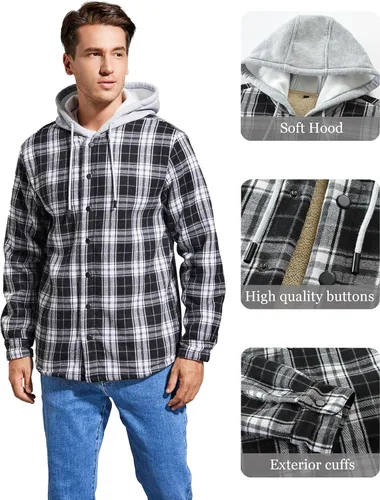 Miniatura 5 de IVUMA Camisas de algodón a cuadros de manga larga para hombre, chaqueta de franela con forro polar, camisas de franela Sherpa con botones y capucha
