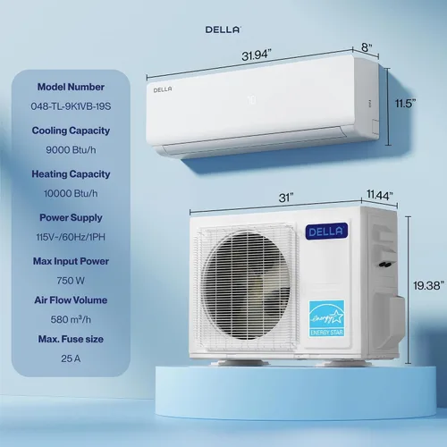 Miniatura 9 de DELLA Vario Series Mini Split Aire acondicionado funciona con Alexa, 9000 BTU, enfría hasta 400 pies cuadrados, 19 SEER2, sistema inversor sin