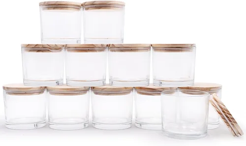 Miniatura 7 de SHOWIN Tarros de vela gruesos de 14 OZ para hacer velas 12 Piezas, tarros vacíos de 3 mechas con tapas de madera para hacer velas, recipiente