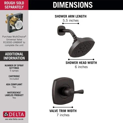 Miniatura 2 de Delta Faucet Stryke Serie 14 Juego de grifos de ducha de una sola función, cabezal de ducha H2Okinetic de un solo rociador, kit de molduras de ducha
