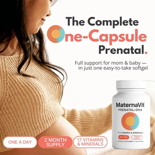 MaternaVit 1 al día Vitaminas prenatales para mujeres 2 mes: ácido fólico, aceite de pescado Omega 3 DHA/EPA, vitamina D3, B6, Vitmain B12, C, E,