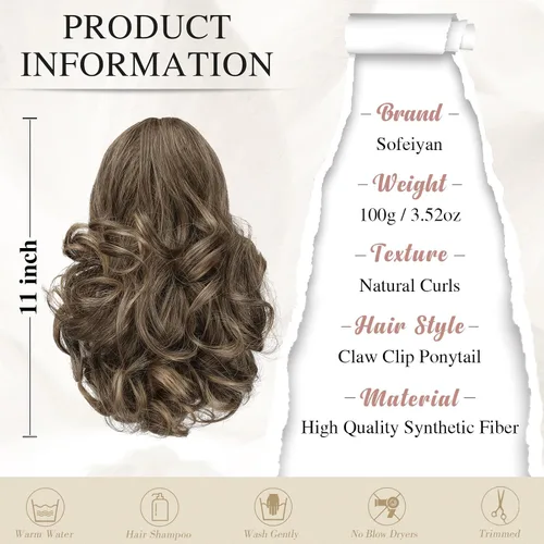 Miniatura 2 de Sofeiyan Extensión de cola de caballo de 11 pulgadas con clip de garra, extensiones de cabello con cola de caballo, cola de caballo larga y rizada