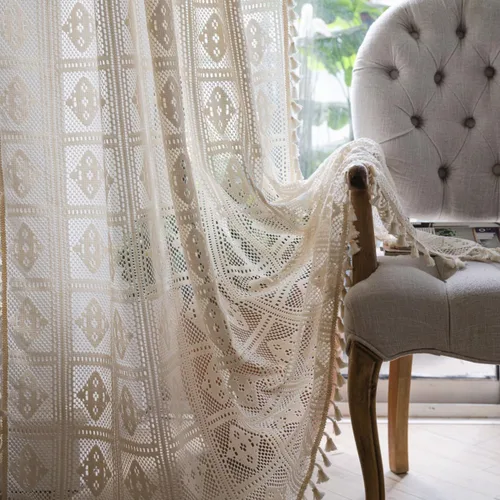 Miniatura 2 de Bringsine - Cortinas de crochet bohemias de algodón para sala de estar, cortinas de ventana para dormitorio con oscurecimiento, cortina