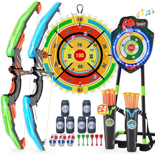 Miniatura 15 de HYES Arco y flecha para niños, juego de tiro con arco con luz LED con 12 flechas de ventosa, 1 blanco de pie, 3 blancos de puntuación y 1 carcaj