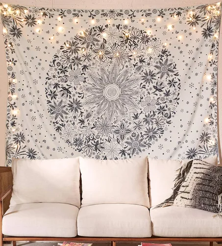 Miniatura 10 de Neasow Tapiz bohemio para colgar en la pared, tapiz floral blanco y negro con estampado de medallones de margaritas punteadas, para dormitorio