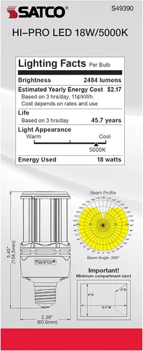 Miniatura 8 de Satco Bombilla LED de mazorca de maíz de 18 W, repuesto HID para iluminación de garaje y comercial, luz diurna de 5000 K, base E26, derivación