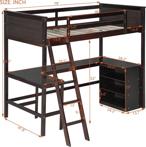 Miniatura 2 de Harper & Bright Designs Cama tipo loft individual con escritorio y 3 estantes, marco de cama tipo loft de madera maciza con escalera en ángulo