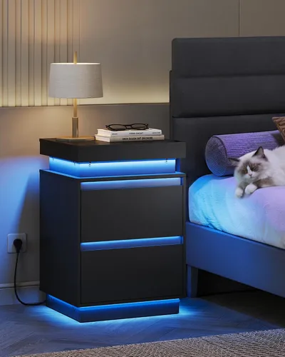 Miniatura 9 de WLIVE Mesita de noche negra con estación de carga y luces LED, mesita de noche con 2 cajones de madera y parte superior deslizante, mesa auxiliar