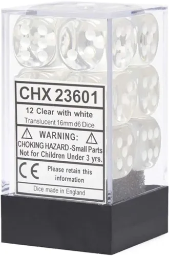 Chessex DND - Juego de dados Chessex D&D de 0.630 in, juego de dados poliédricos de plástico transparente y blanco, 12 dados de mazmorras y