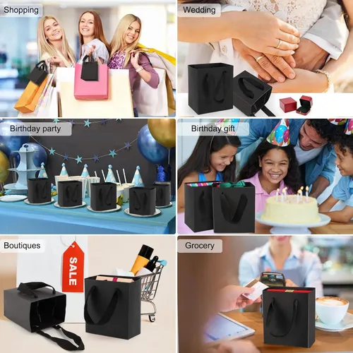 Miniatura 5 de EUSOAR Pequeñas bolsas negras para envolver regalo, paquete de 12 bolsas de papel kraft de 4 x 2.75 x 4.5 pulgadas con asas, bolsas resistentes