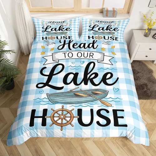 Miniatura 24 de Erosebridal Lake House Twin Bed Set for Boys Girls Kids, Blue and Beige Lakehouse 2Pcs Duvet Cover with Zipper, Rustic Farmhouse Bedding Sets
