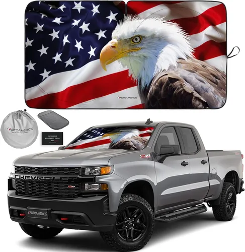 Miniatura 13 de Autoamerics Parasol para parabrisas de 1 pieza, bandera del águila americana, diseño patriótico de 3 Estados Unidos, parasol plegable para ventana