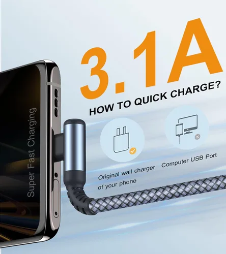 Miniatura 2 de sweguard Cable de carga USB tipo C en ángulo recto [2 unidades, 20 pies] 3.1A cable trenzado de nailon para iPhone 17, 16, 15 Pro Max Plus, iPhone