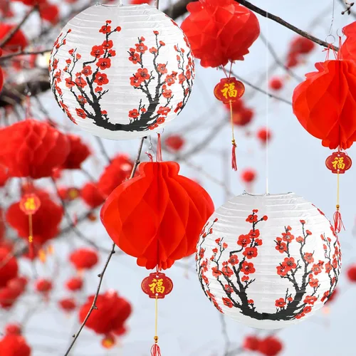Miniatura 6 de Mototo Kit de 30 faroles de papel chinos japoneses, 12 pulgadas, flor de cerezo japonés con flor de cerezo rojo para festival de primavera, Año