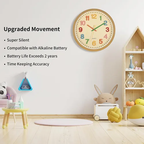 Miniatura 3 de Foxtop Reloj de pared silencioso para niños, funciona con pilas, sin tictac, reloj colorido para niños, para aula, sala de juegos, habitación
