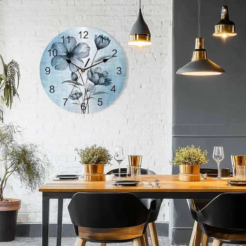 Miniatura 6 de Reloj de pared de flores azules, 10 pulgadas, silencioso, sin tictac, estilo retro, funciona con pilas, elegante reloj floral degradado