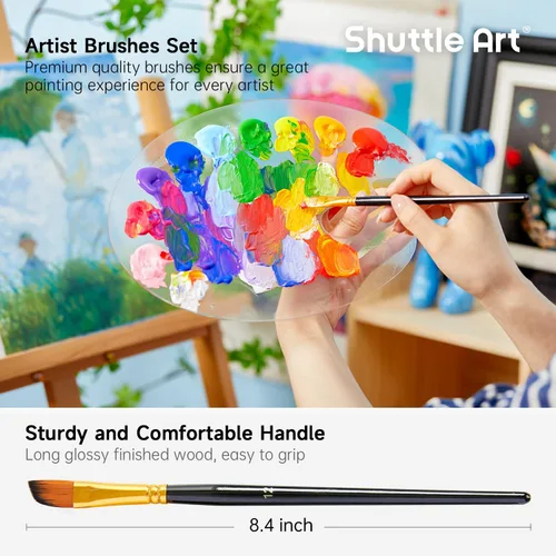 Miniatura 3 de Shuttle Art Juego de 12 pinceles de pintura con estuche, formas y tamaños surtidos para acrílico, acuarela, óleo y gouache, pinceles de artista Negro